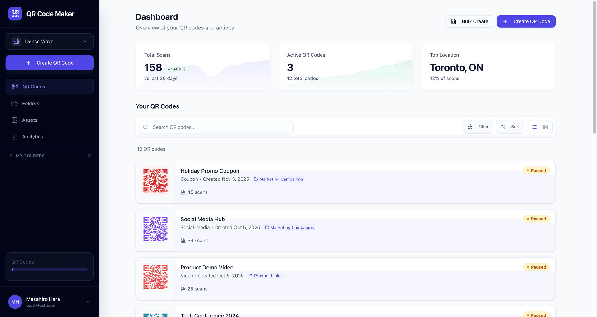 QR Code Maker dashboard showing dynamic QR codes organized by folders with scan counts, QR types, and status indicators