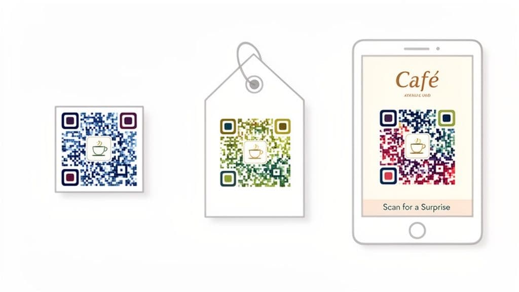 Three colorful QR codes, each with a coffee cup icon, displayed on a card, a tag, and a smartphone.