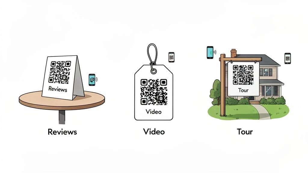 Three examples of QR codes used for reviews, video content, and house tours, scanned by smartphones.
