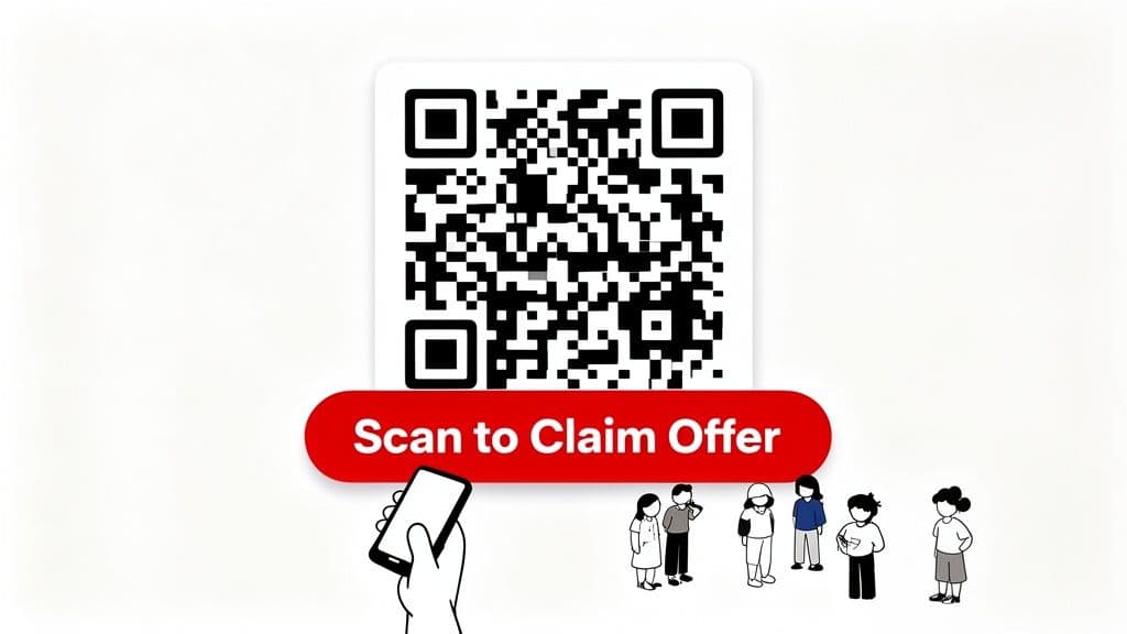 A QR code with a 'Scan to Claim Offer' button, a hand holding a phone, and cartoon people.