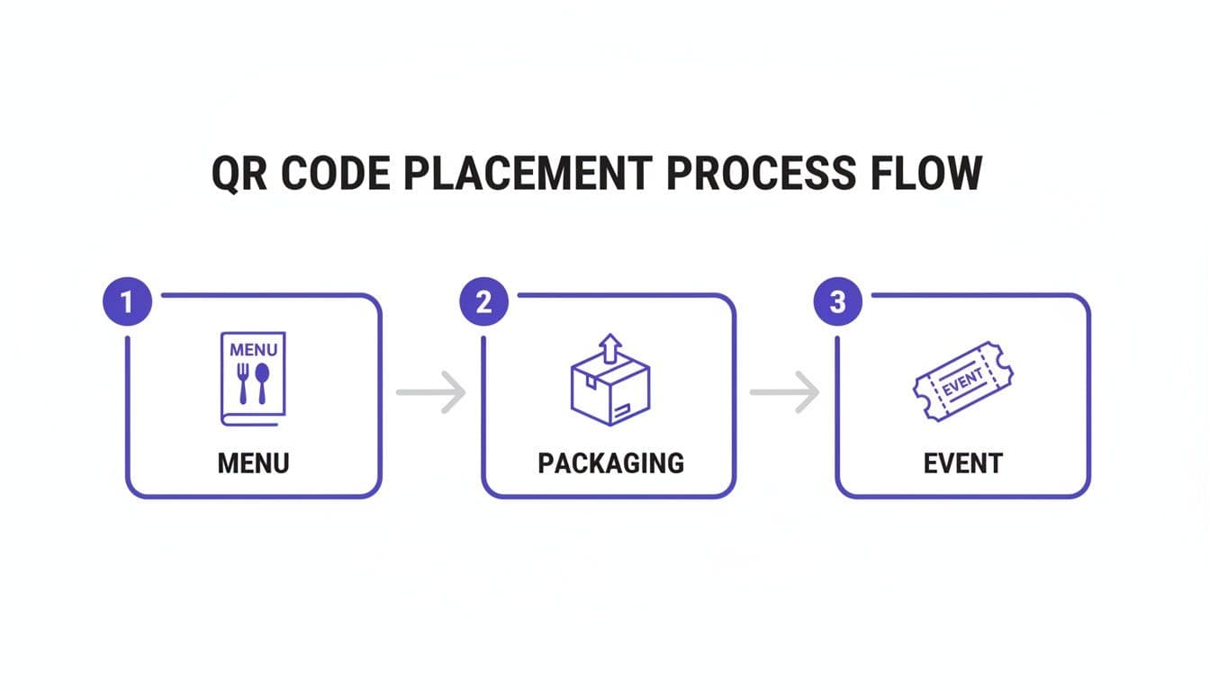 A process flow diagram illustrates QR code placement options across Menu, Packaging, and Events.