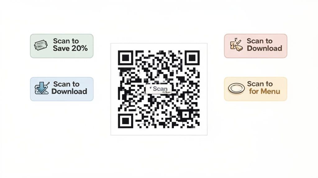 A central QR code with 'Scan to Buy' text, surrounded by buttons for saving, downloading, and accessing a menu.