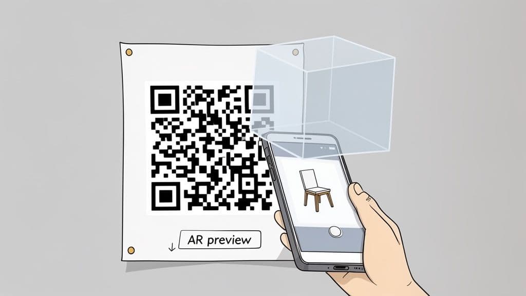 A hand holds a smartphone, scanning a QR code on a white sheet displaying an augmented reality chair.