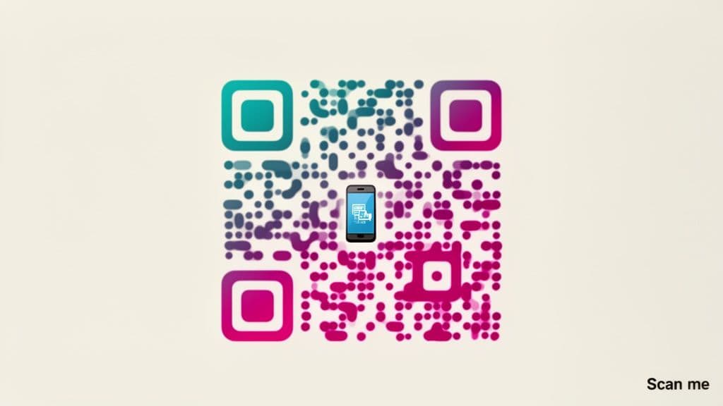 A vibrant, colorful QR code with a teal-to-pink gradient, featuring a smartphone icon in the center.