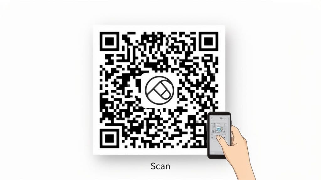A hand holds a smartphone, scanning a large QR code with a circular logo in its center, with 'Scan' written below.