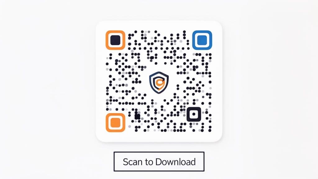 A QR code with an orange and blue shield logo is displayed, prompting users to 'Scan to Download'.