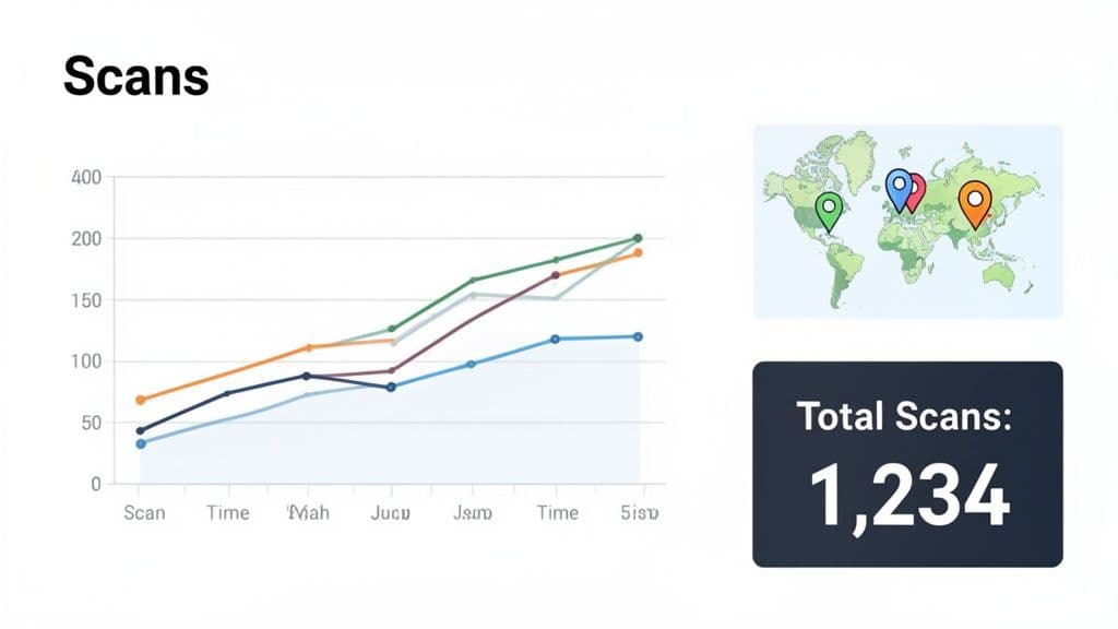 A data visualization dashboard showing scan trends over time, total scans, and scan locations on a world map.