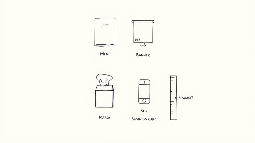 Simple line drawings of everyday objects including a menu, banner, tissue box, business card, and ruler.