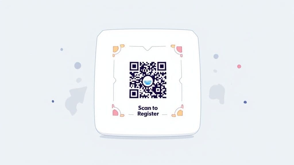 A white digital card displaying a QR code with a blue logo, prompting users to 'Scan to Register'.