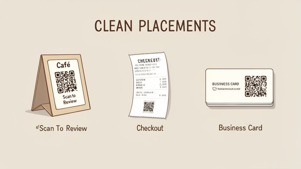 Illustration of QR codes displayed on a café table stand, a checkout receipt, and business cards.