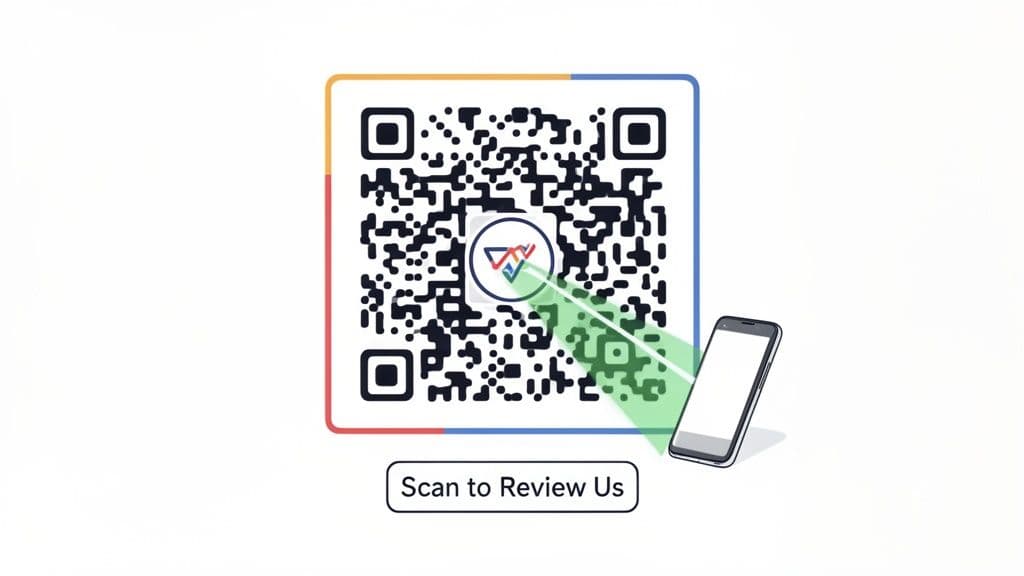 Illustrates a smartphone scanning a QR code with a company logo to encourage customer reviews.