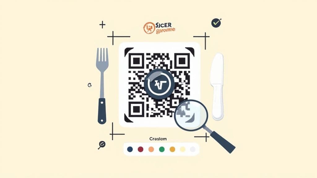 Illustration of a customizable QR code design, featuring a logo, color palette, fork, and knife.