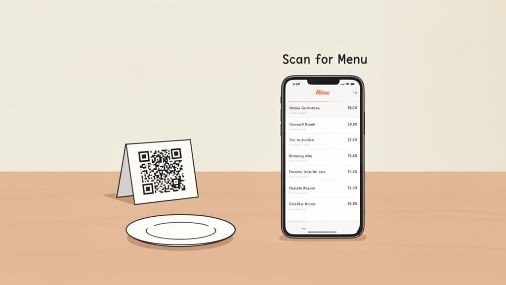 A smartphone displays a digital restaurant menu next to a QR code stand and an empty plate.