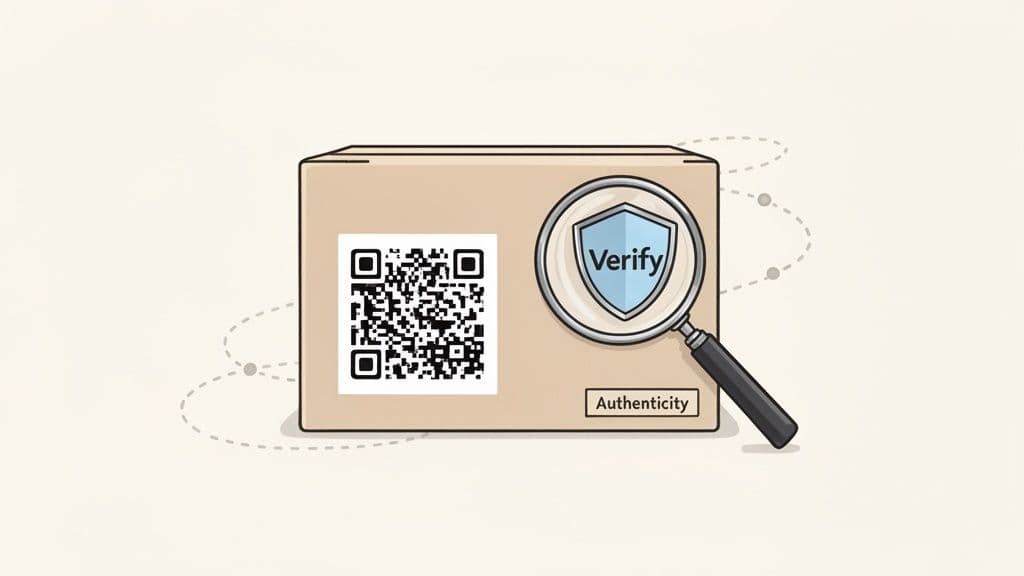 A magnifying glass with 'Verify' text inspects a QR code on a cardboard box, labeled 'Authenticity'.