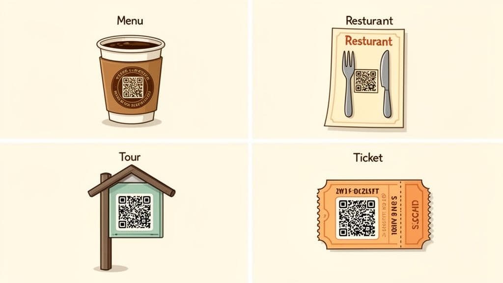 Four illustrations show custom QR codes integrated into a coffee cup, restaurant menu, tour sign, and ticket.