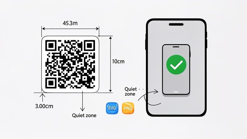 Diagram illustrating QR code dimensions (453m, 10cm), a 3cm quiet zone, file types, and successful mobile scanning.
