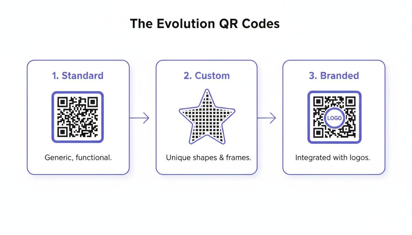 Infographic showing the evolution of QR codes: standard, custom shapes, and branded with logos.