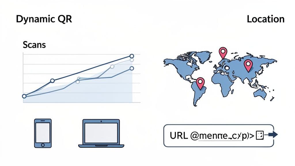 Dynamic QR code analytics showing scan trends, device usage (phone, laptop), and global scan locations with a custom URL.
