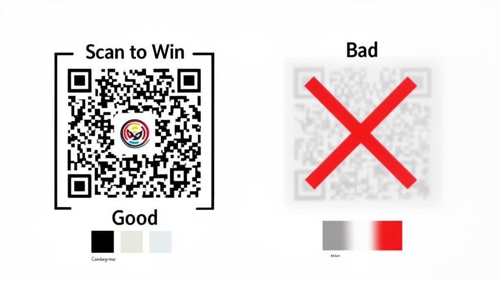 A comparison showing a good, scannable QR code with a logo and a bad, faded, unreadable QR code.