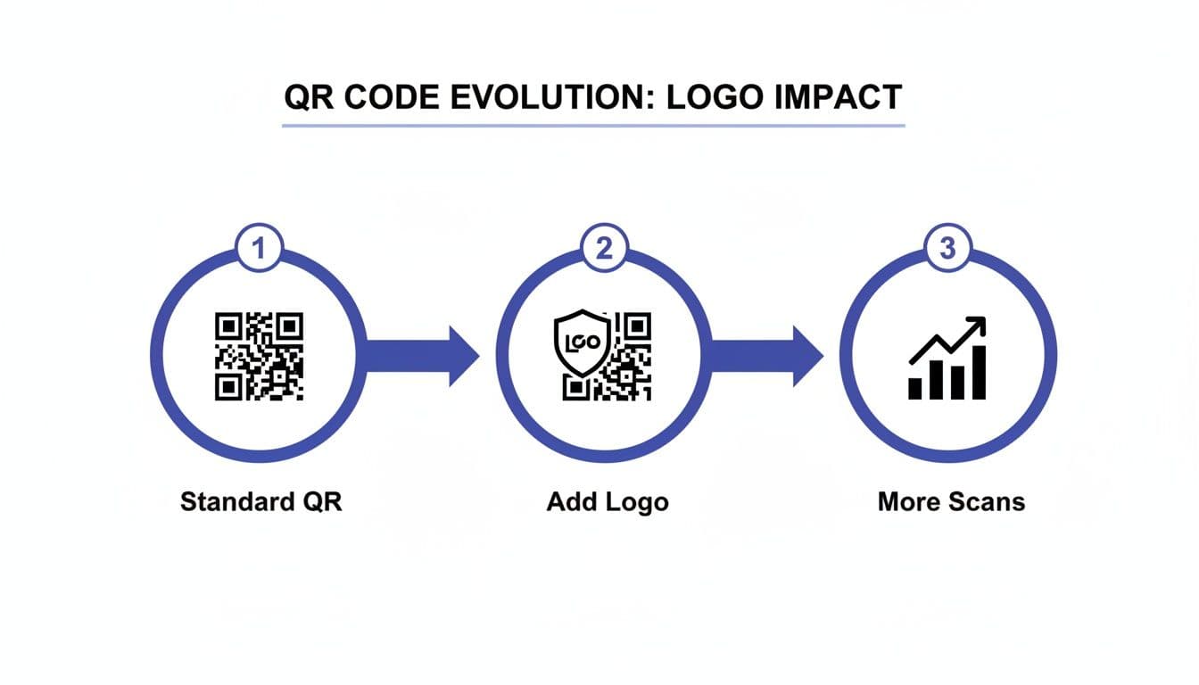 A visual explanation of QR code evolution, demonstrating how adding a logo leads to more scans.