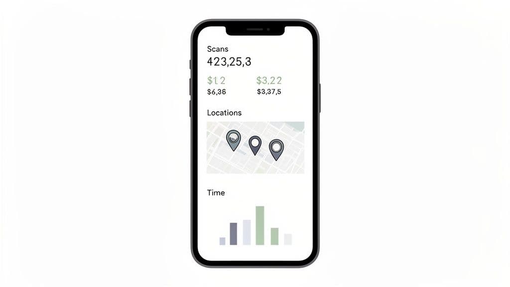 A smartphone app displays business statistics, including scans, locations on a map, and a time-based bar chart.