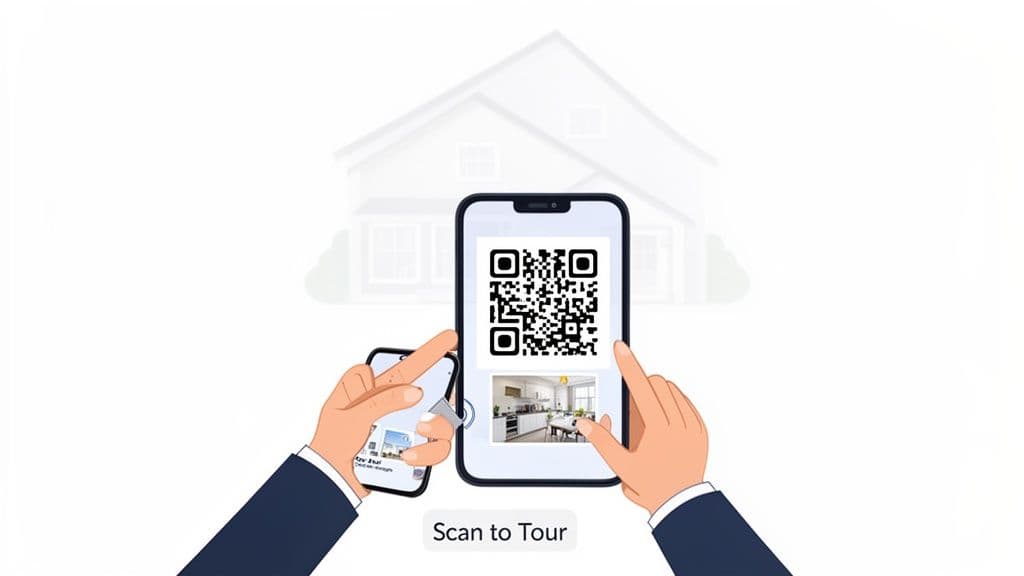Two hands scan a QR code on a smartphone, linking to a virtual home tour with a kitchen view.