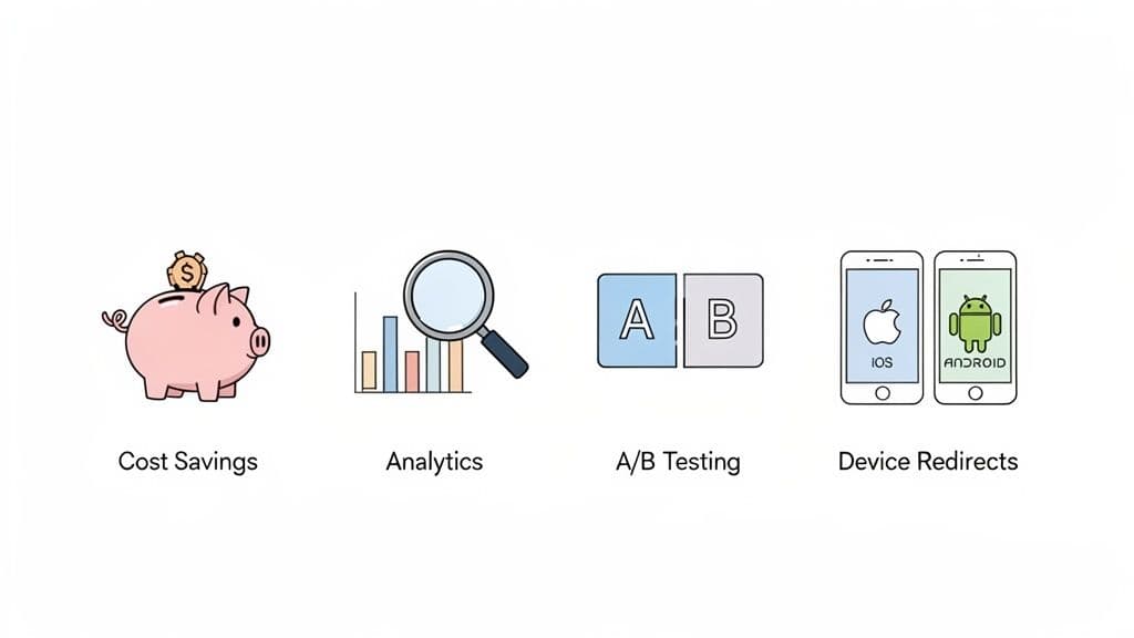 Icons illustrating benefits like cost savings, analytics, A/B testing, and device redirects for dynamic QR codes.