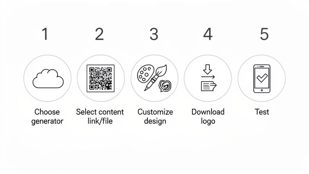 A five-step guide showing how to create and customize a QR code, from generation to testing.