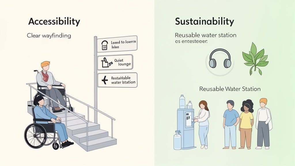 Illustration depicting accessibility features like stair lifts and wayfinding signs, next to a reusable water station promoting sustainability.