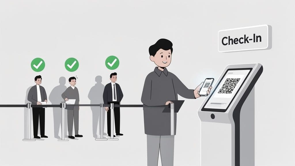People queuing for self-service digital check-in at an event using QR codes on a kiosk.