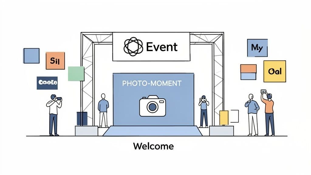 An illustration of an event stage with a photo moment, people taking pictures, and scattered text boxes.