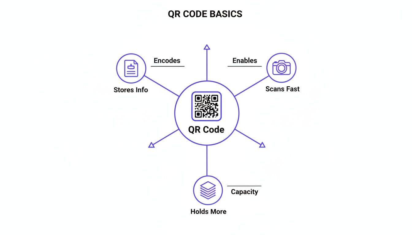 Diagram illustrating QR Code basics, showing it stores info, encodes data, enables fast scans, and has high capacity.