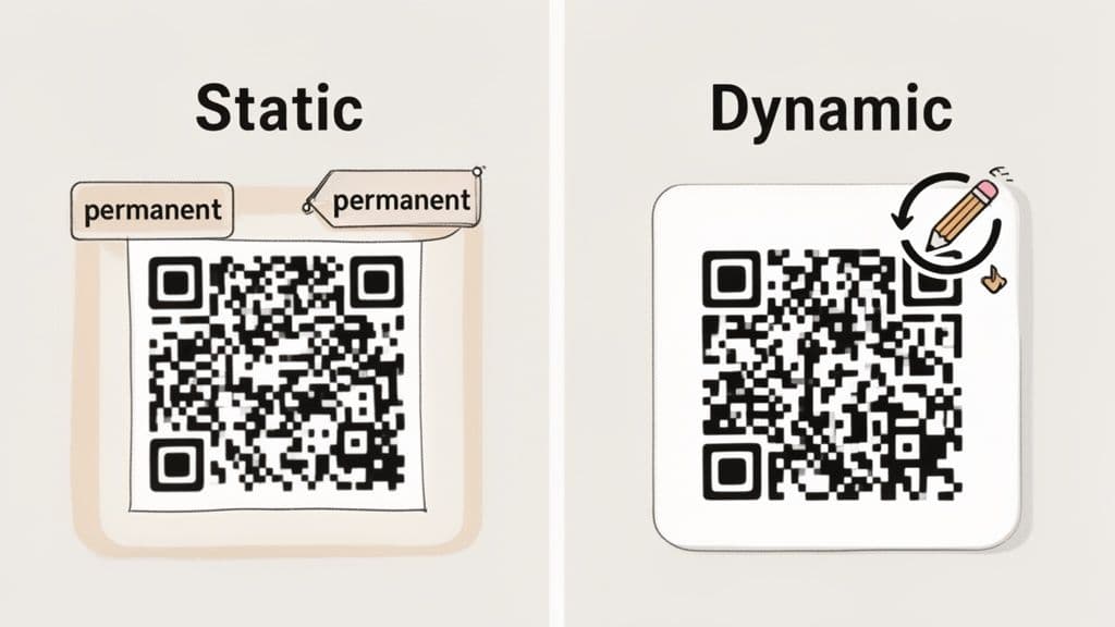 An illustration comparing static and dynamic QR codes. Static codes are permanent, while dynamic codes are editable.