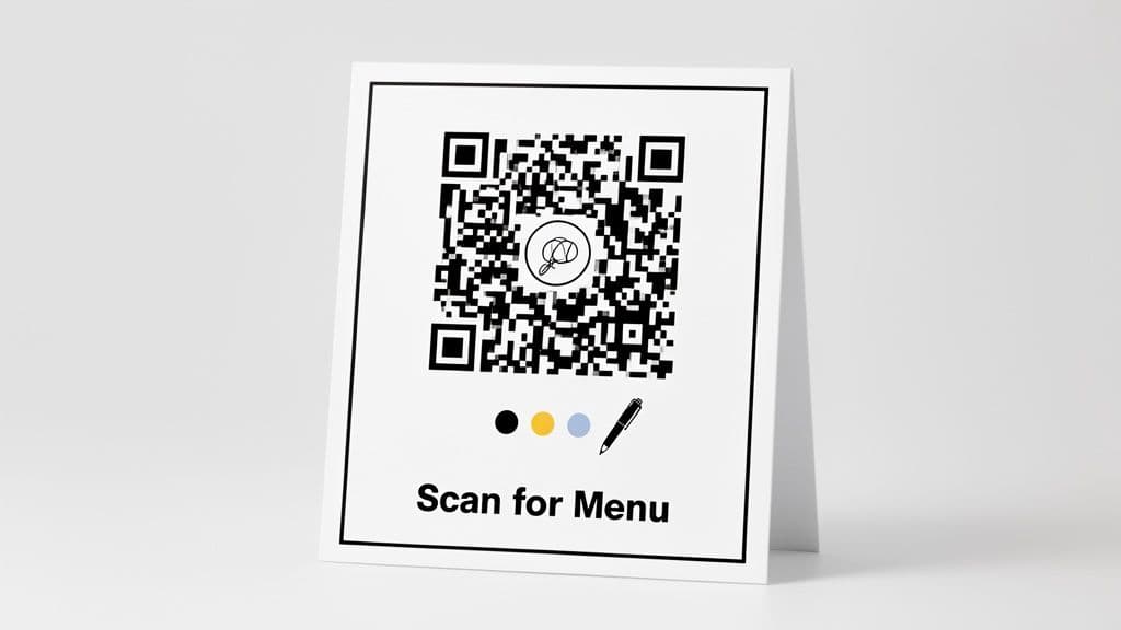 White tabletop stand displaying a QR code for a menu, featuring a logo, colored dots, and a pen icon.