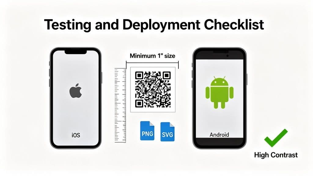Checklist for mobile app testing and deployment, covering iOS, Android, QR code size, file formats, and high contrast.