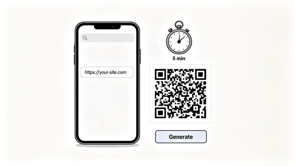 Smartphone showing URL input, QR code, timer, and generate button for creating website QR codes.