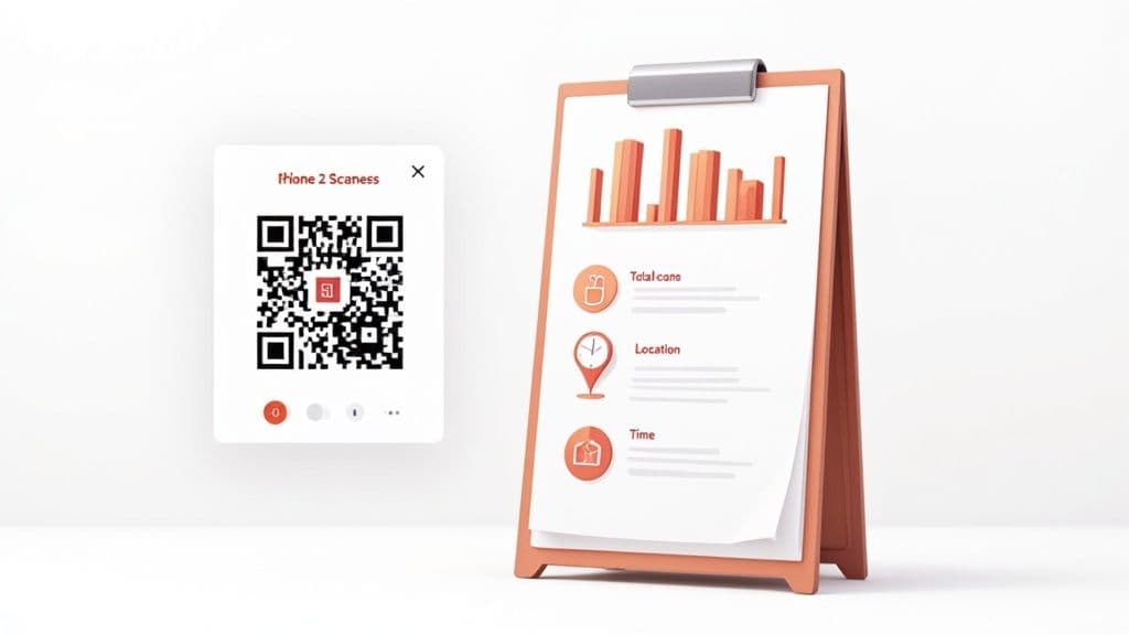 A white card showing a QR code for 'iMone 2 Scaness' next to a clipboard displaying a bar chart and data points.