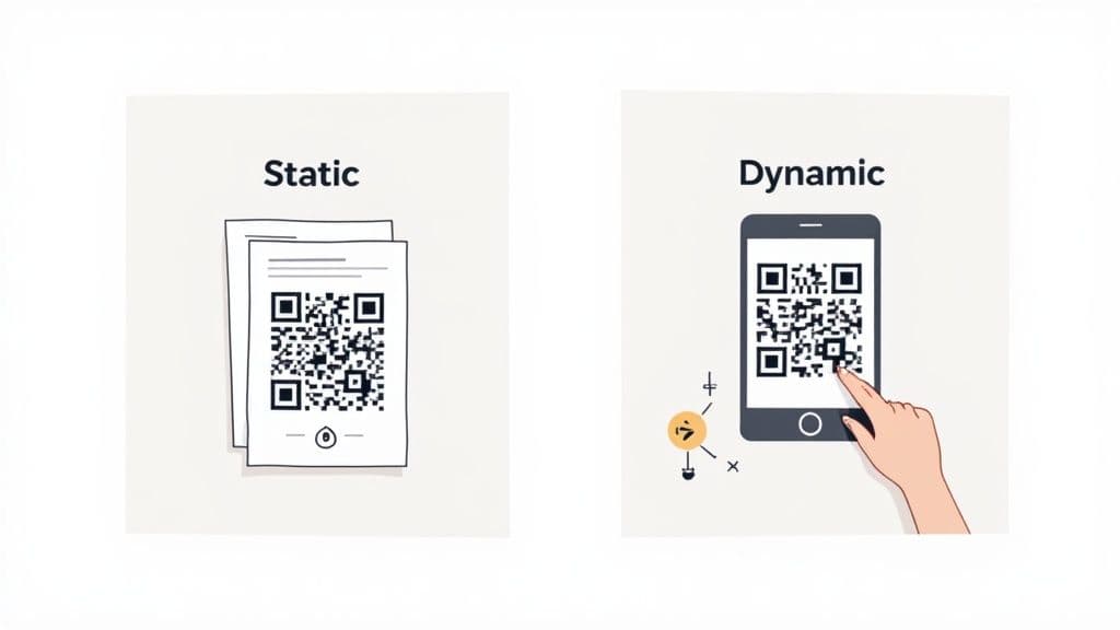 Illustrates static QR codes printed on paper and dynamic QR codes displayed on a smartphone.