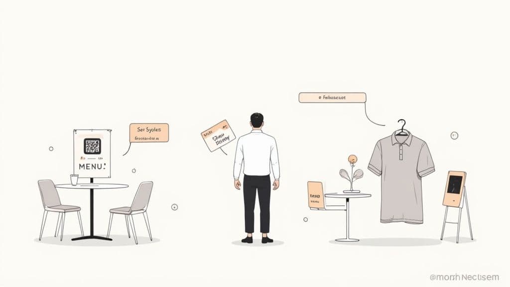 A minimalist illustration of a person engaging with various digital applications, including a QR code menu at a cafe and a digital display for clothing.