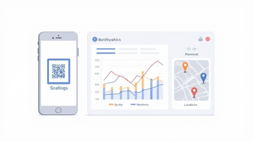 A mobile phone displaying a QR code next to a dashboard with charts, data analytics, and a map.
