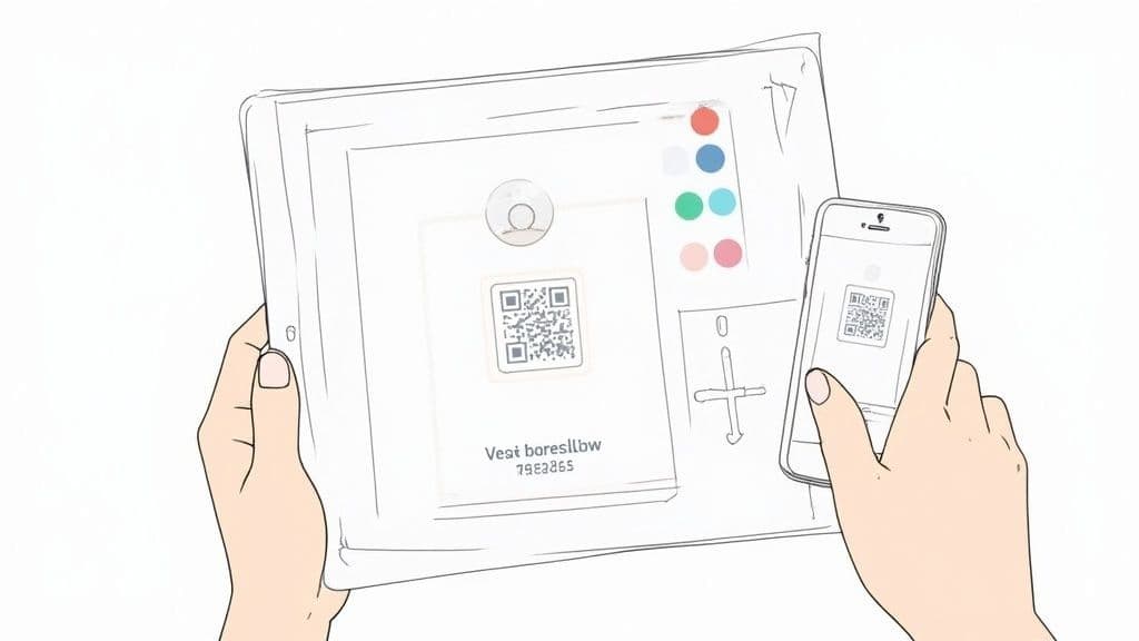 Two hands holding a tablet and a smartphone, both displaying QR codes for digital interaction.