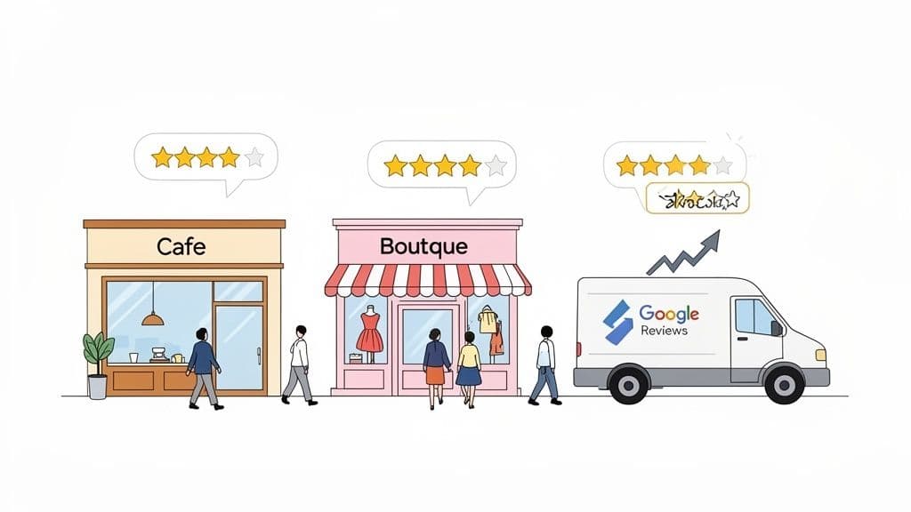 Illustration of a cafe, boutique, and a Google Reviews van with people and increasing star ratings.