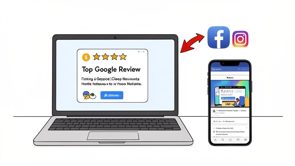 Laptop displays a 5-star Google review, with an arrow pointing to Facebook and Instagram logos, and a smartphone showing a social media feed.