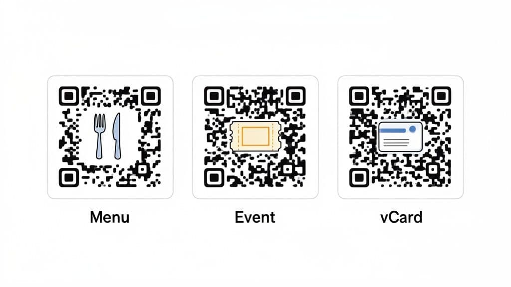 Three custom QR codes for menu, event, and vCard, each with a relevant icon.