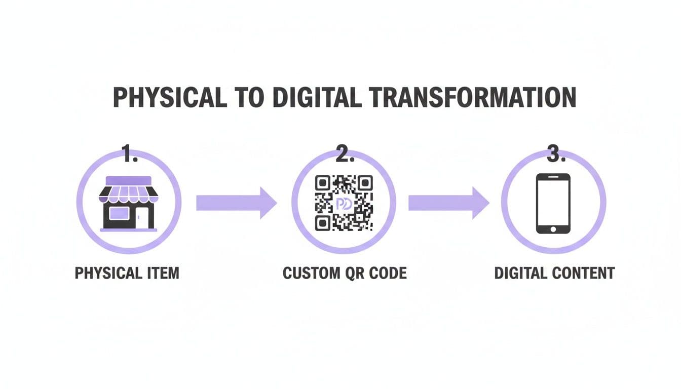 Diagram illustrating physical to digital transformation using a custom QR code to access digital content.