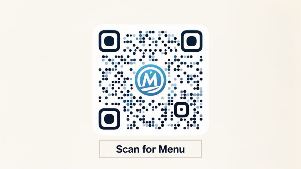 A white QR code with a blue M logo in the center, above a 'Scan for Menu' text box.