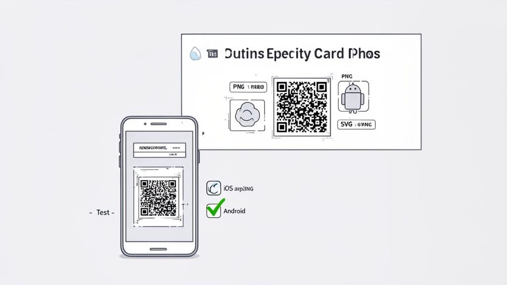 A smartphone displaying a QR code next to a digital card interface with options for PNG, SVG, iOS, and Android.