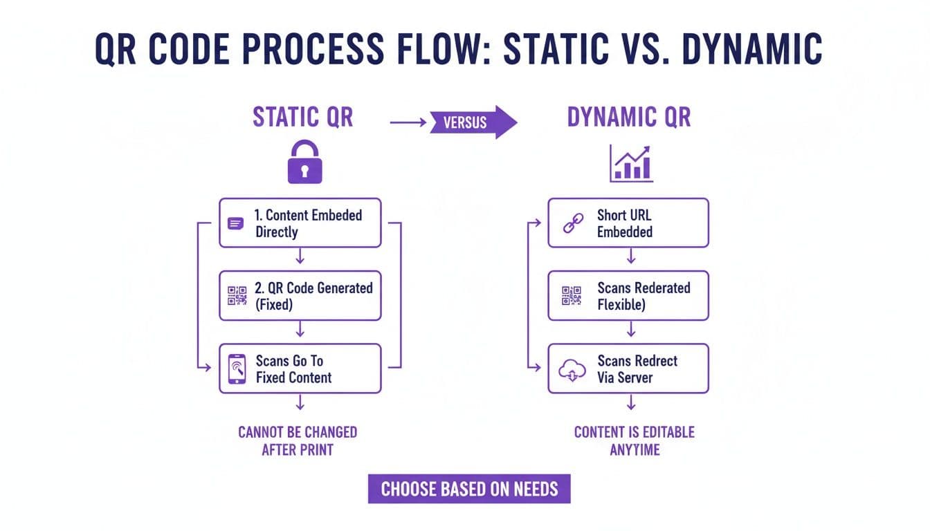Flowchart comparing Static and Dynamic QR code processes, showing content embedding and editability differences.