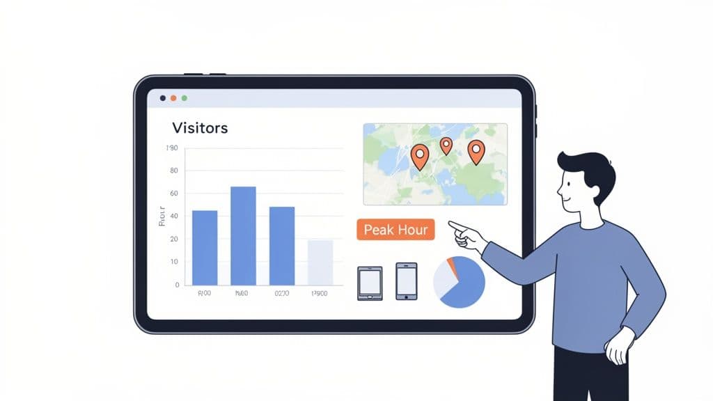 A man points at a tablet displaying a data dashboard with charts, maps, and device icons.