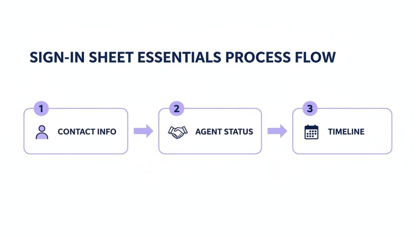 A three-step process flow outlining sign-in sheet essentials: Contact Info, Agent Status, and Timeline.